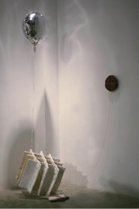 “Waffle”, 2012 – Cardboard, homemade joint compound, acrylic paint, Styrofoam, string and balloon.