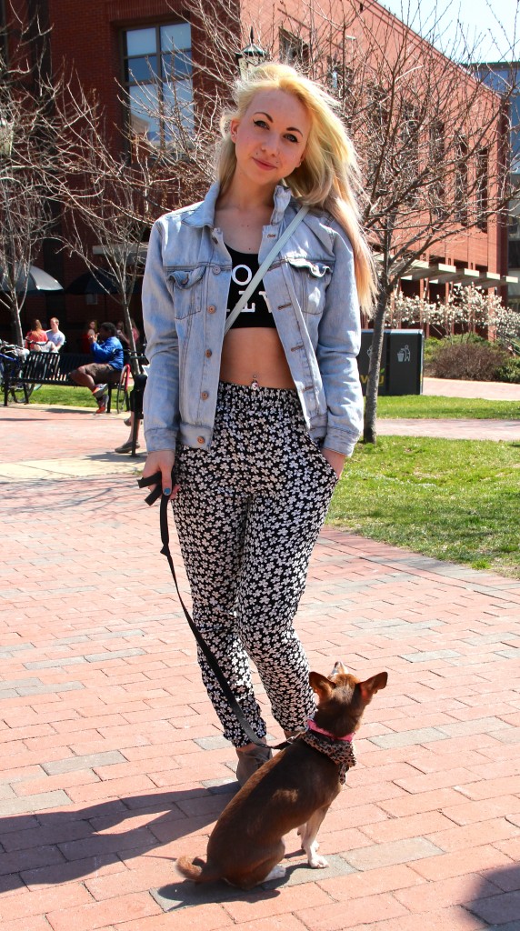 Samantha Henri, Sociology major, with her dog Rapunzel.  Wearing pants from Pac Sun and a top from Forever 21.