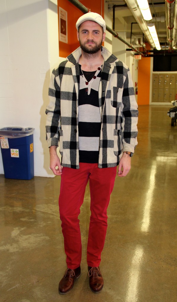 Alex Kreher, Film major.  Wearing a secondhand shirt from Berlin, a secondhand jacket from Portland, Maine, red pants from Tommy Hilfiger and his friend's shoes. 