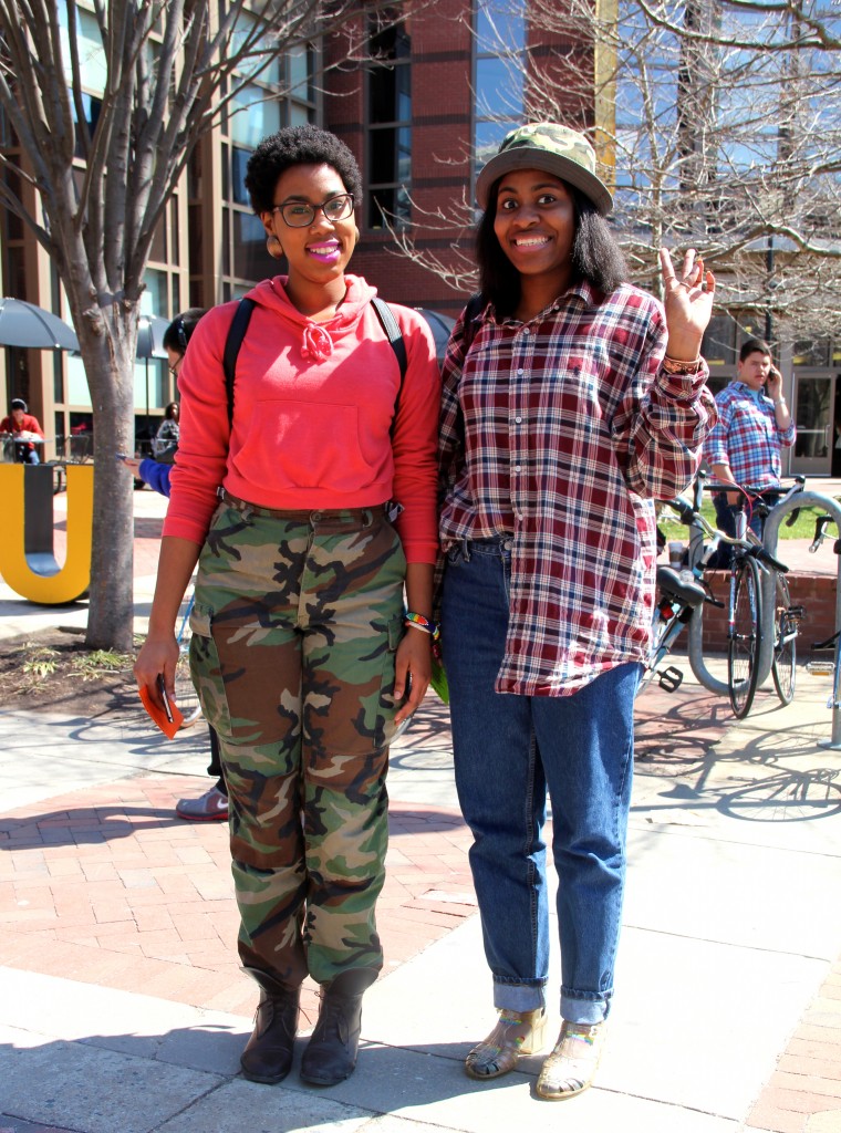 Left: Angela Ward, Social Work major, wearing a hoodie from Forever 21, pants from Rumors Thrift Boutique, and boots from Paradigm. Right: Carmen Jones, Fashion Merchandising major, wearing a thrifted shirt, her sister's hat, her father's pants, and her mother's shoes.