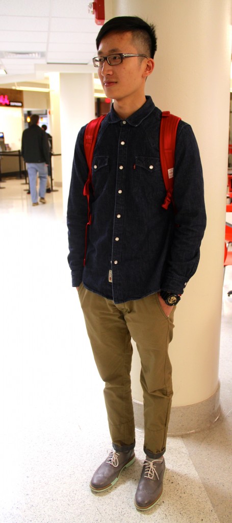 Lawrence Ng, Computer Engineering major, wearing a shirt from Levi Strauss, pants by Izzue, Cole Haan shoes, and a G-Shock watch. 