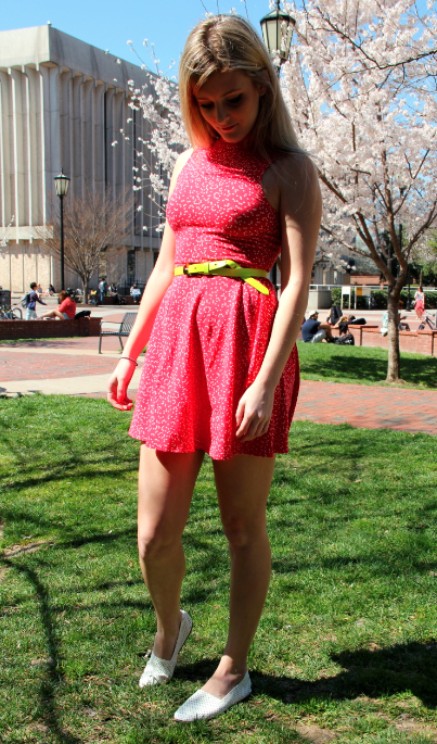 Olivia Turpin, Undecided, wearing a dress from Urban Outfitters, belt from Nasty Gal, and shoes by Steve Madden.