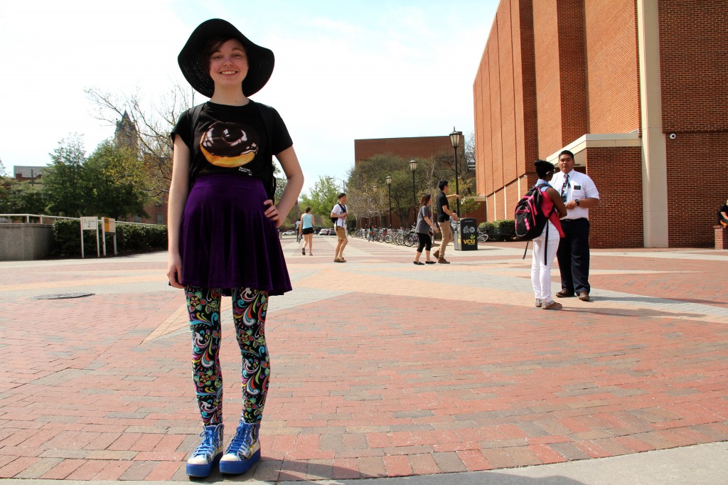 Kate Johannesen, in Art Foundations, wearing Jeffrey Campbell platform sneakers, a thrifted skirt and gifted leggings.  