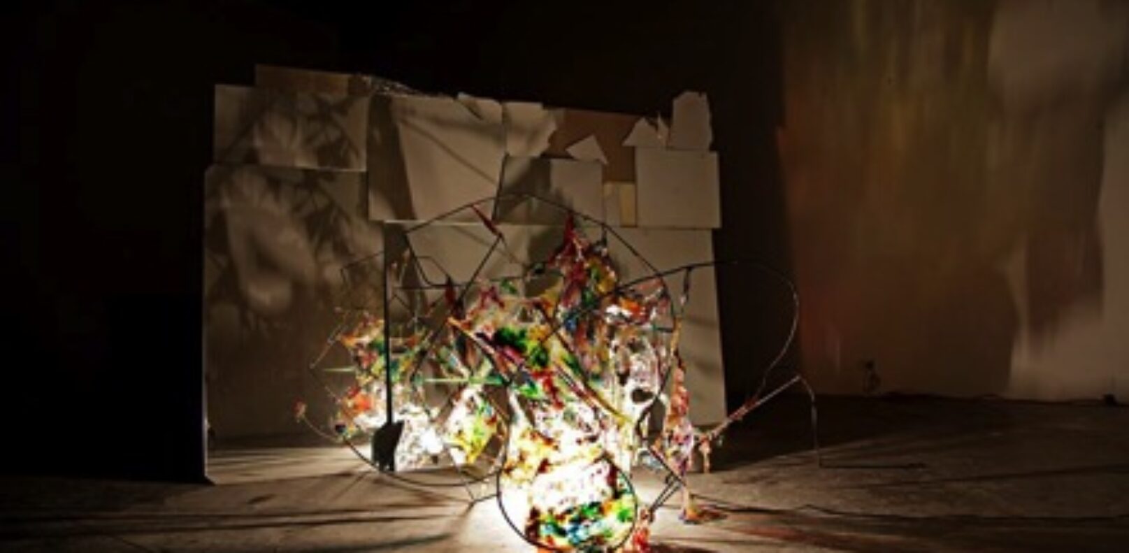 “wa[oil]ter”, 2013 – Mirrors, steel rods, Mod Podge, food coloring, pine. Glass orb holding oil and water, lit by two purple LED’s.